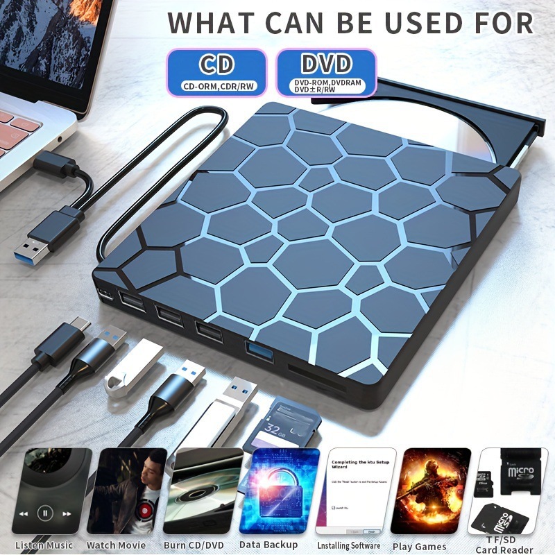 Multifunctional Optical Drive External Optical Drive Stone Pattern Optical Drive USB Optical Drive Ultra-Thin Dvd Optical Drive Burner Multi-Function Engraving