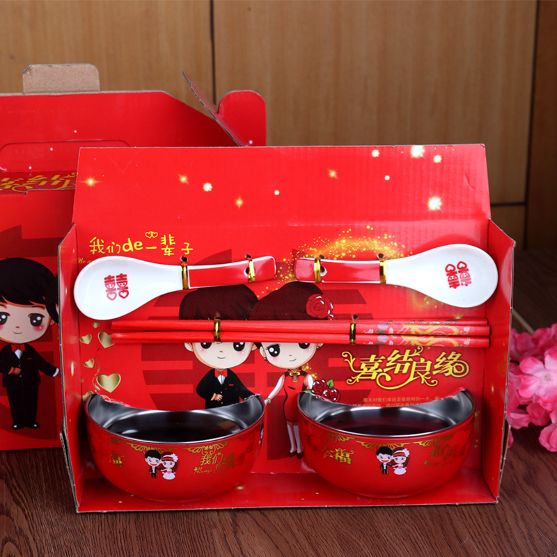 Bowl Gift Box Ceramic Red Bowl Chopsticks Set Wedding Gift Supplies Accompanying Supplies Pair Bowl Ceramic Wedding Bowl Gifts