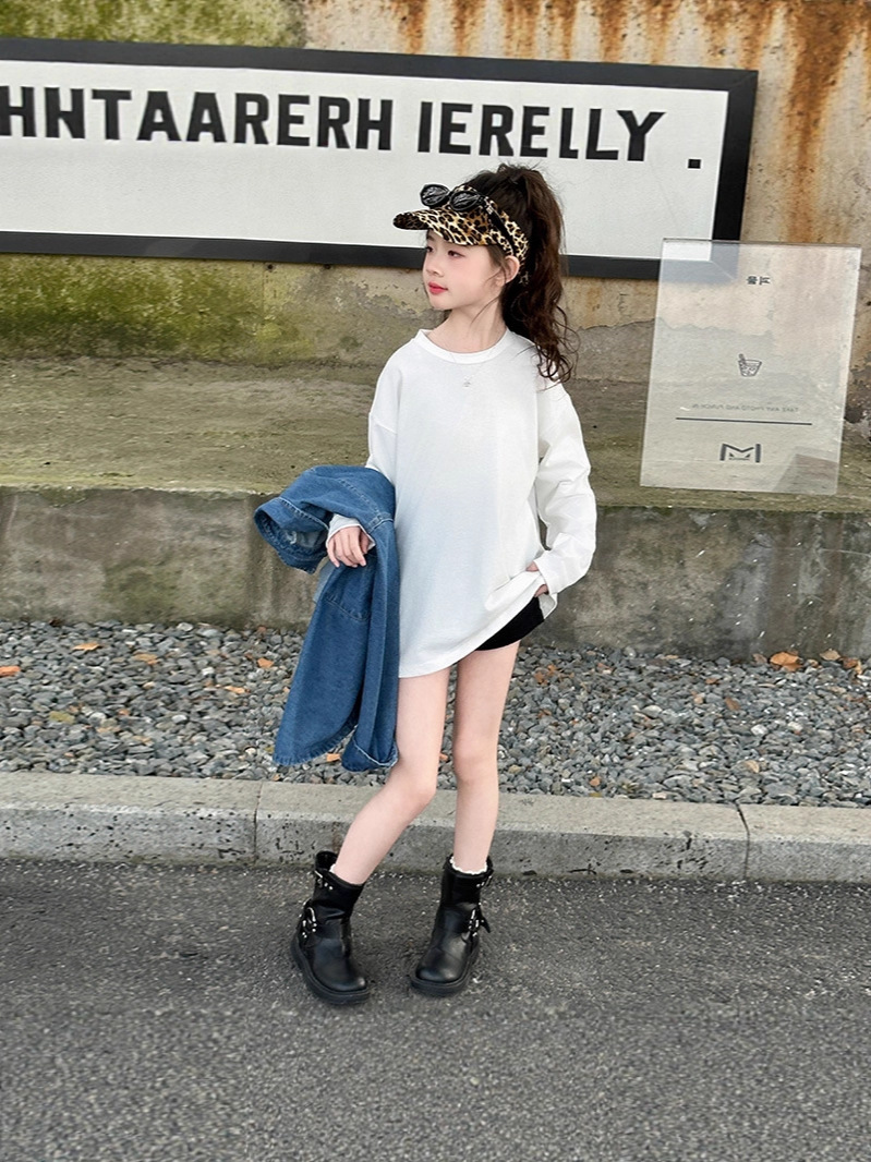 Girls' Denim Shirt 2025 Autumn New Style for Older Girls, Children's Autumn White Crew Neck Base Shirt