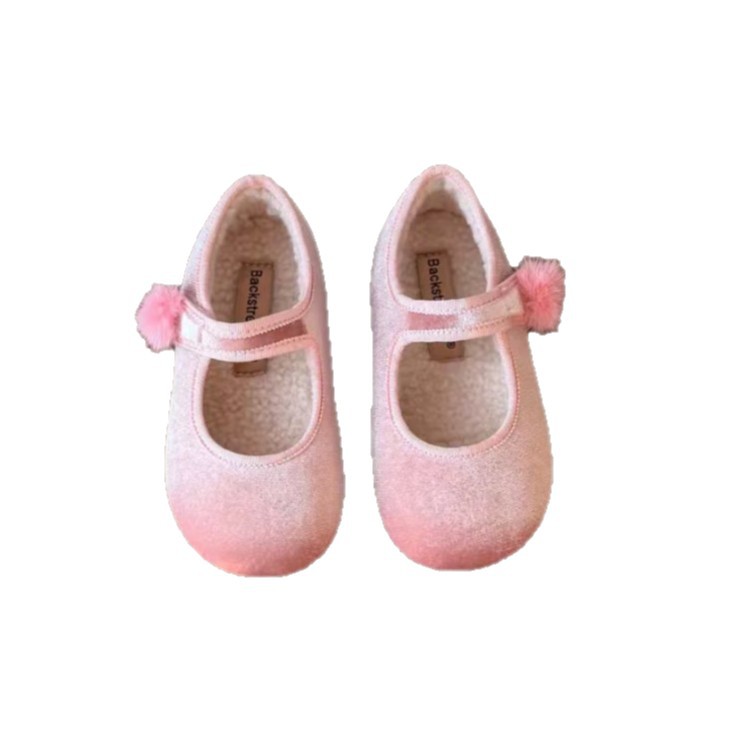 Girls' Flats 2025 Autumn and Winter New Velvet Princess Shoes Cute Fur Ball Mary Jane Flats Soft Sole Versatile for the New Year