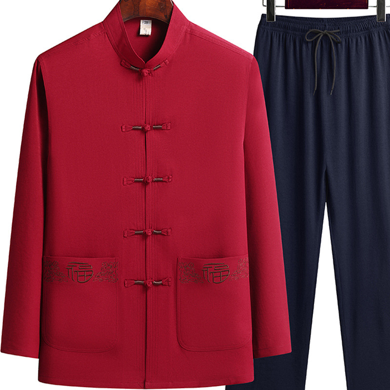 Middle-Aged and Elderly Long-Sleeved Tang Suit 2024 Summer Chinese Style Shirt Dad Suit Button Embroider Han Dynasty Retro