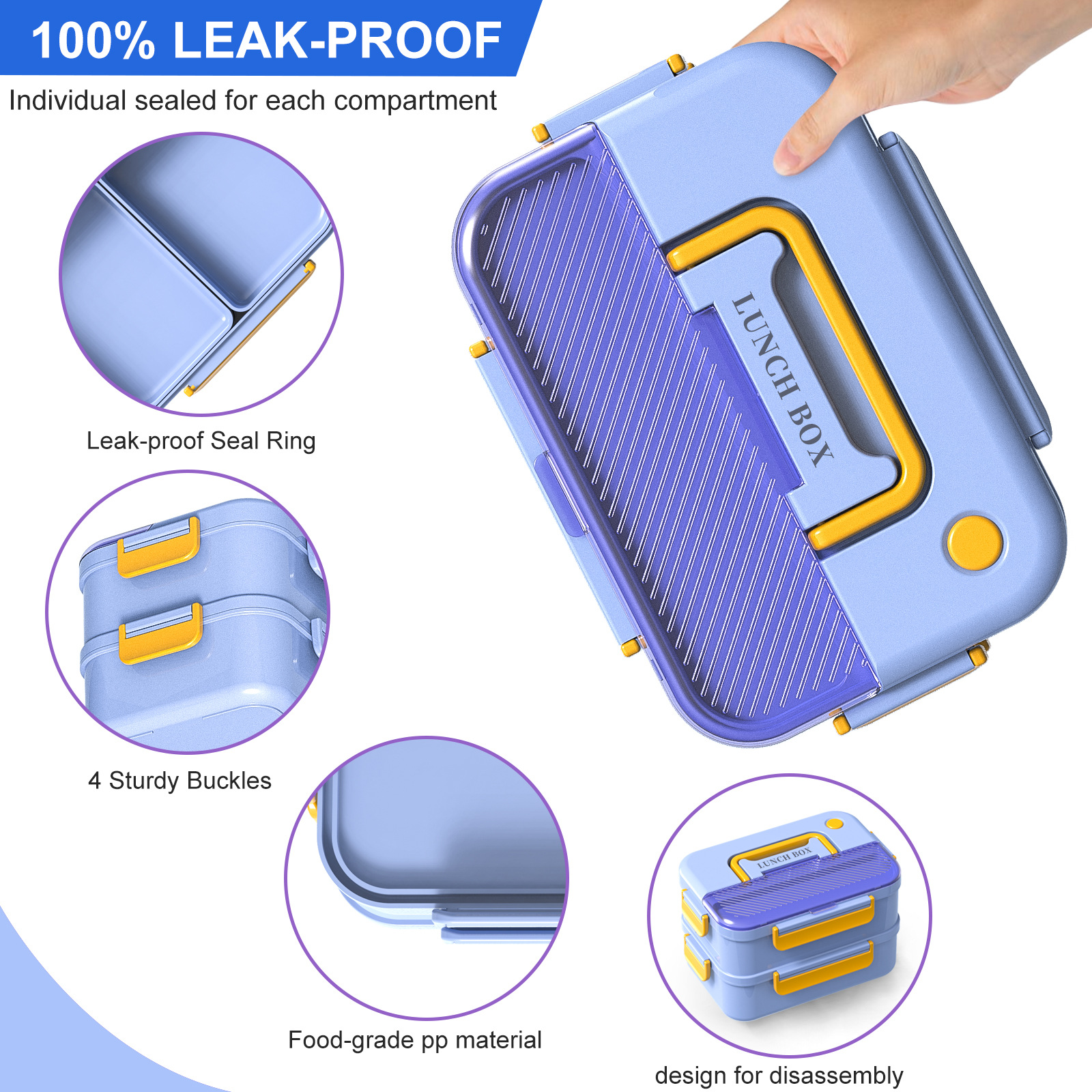 Cross-border new large-capacity compartment lunch box student office worker lunch box can be heated into the microwave oven square lunch box