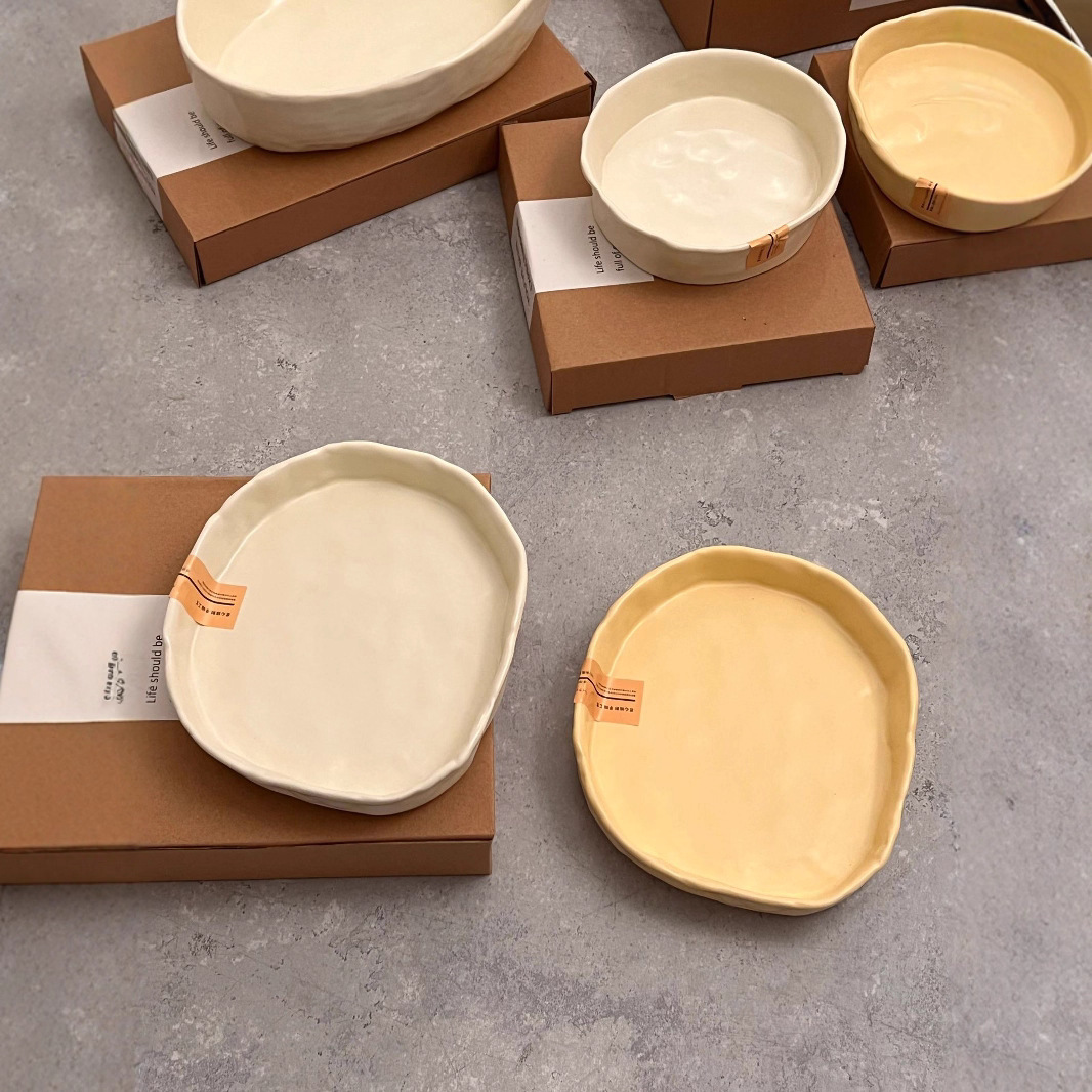 Hand Kneading Series Milk Yellow Style Household Ceramic Soup Dish Plate Peach Heart Plate Simple ins Style Salad Bowl Fruit Bowl