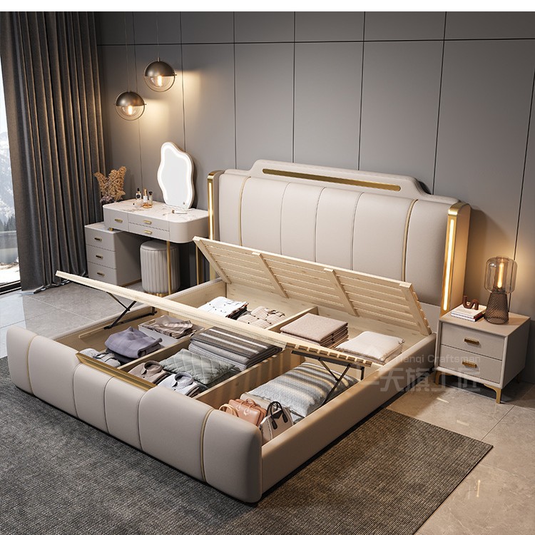 New Modern Light Luxury Leather Bed 1.8m Master Bedroom Bed Double Wedding Bed Internet Celebrity High-End Luxurious Soft Backrest Bed