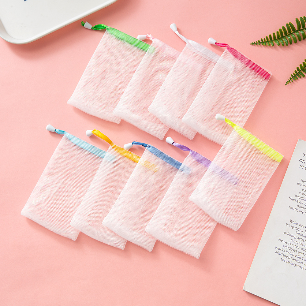 Colorful Ribbon Drawstring Foaming Net Wholesale Handmade Soap Foaming Net Mesh Bag Foaming Foaming Net Bubble Bag