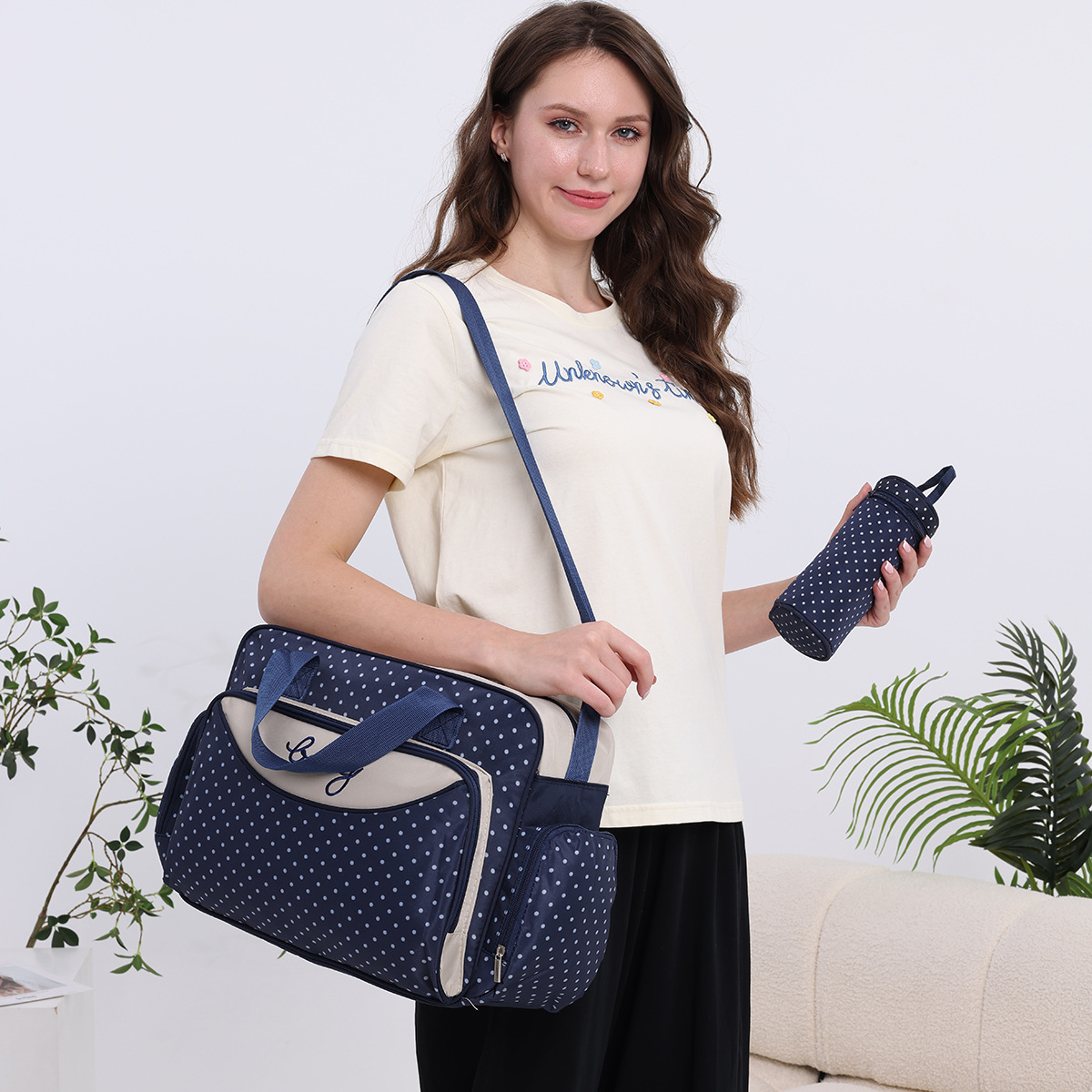 New Polka Dot Fashionable Cross-Body Large-Capacity Mommy Bag Five-Piece Set Outing Mother and Baby Bag Portable Shoulder Mommy Bag