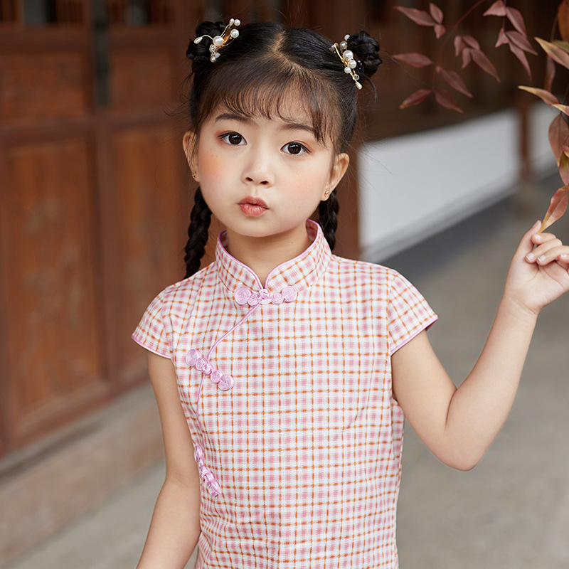 Girls' cheongsam dress Chinese style Plaid princess dress Western style children's clothing Hanfu summer 2024 new dress