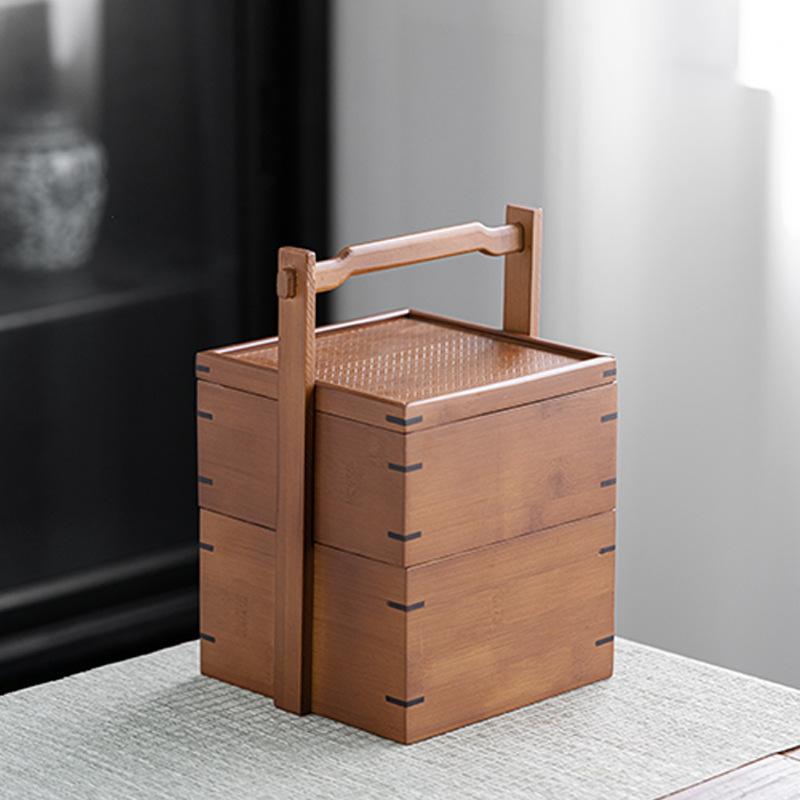 Ретро двухъярусная коробка для хранения закусок, китайская коробка для чая, бамбуковая переносная коробка, многоуровневая коробка для еды