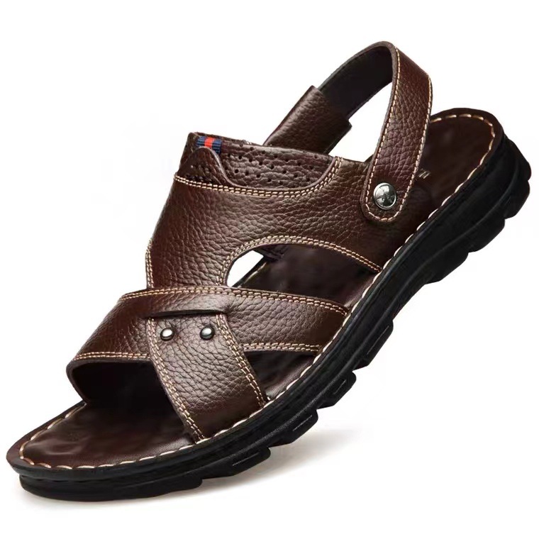 Sandals Men's Casual First Layer Cowhide Beach Shoes Summer New Plaid Dual-Purpose Sandals and Slippers Genuine Leather Versatile Outdoor