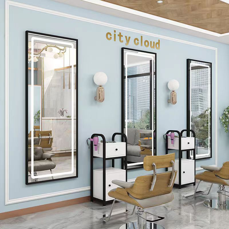 With LED Light Hairdressing Mirror Table Barber Shop Special Mirror Single-sided Internet Trendy Hair Salon Wall-mounted Hair Cutting Makeup Mirror