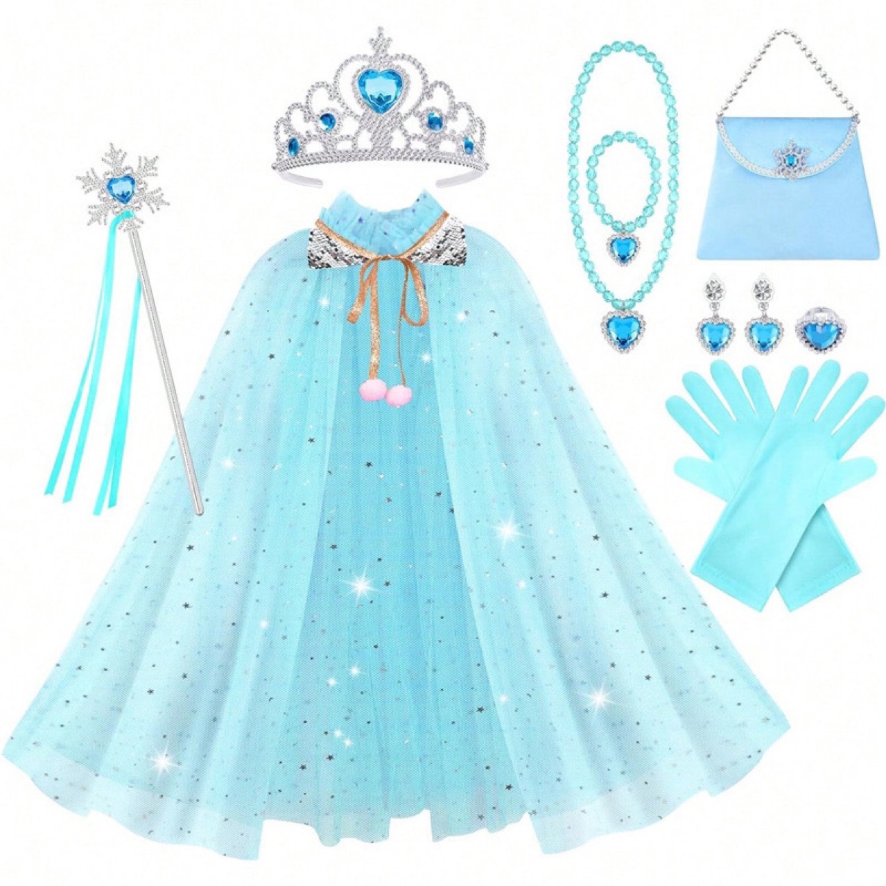 11-Piece Set of Export Kidsren's Fairy Cape Cape Crown Peach Heart Necklace Ring Earrings Princess Cape Set