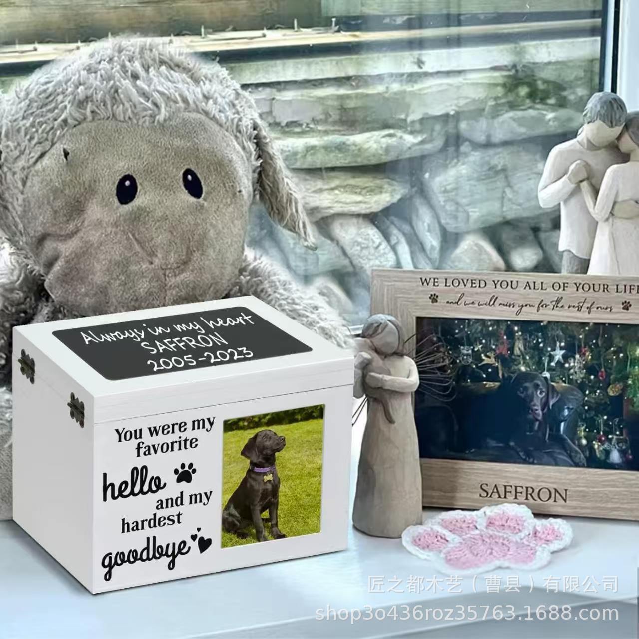 Cross-Border Wooden Pet Urn Wooden Cat and Dog Urn with Photo Frame Wooden Pet Memorial Urn