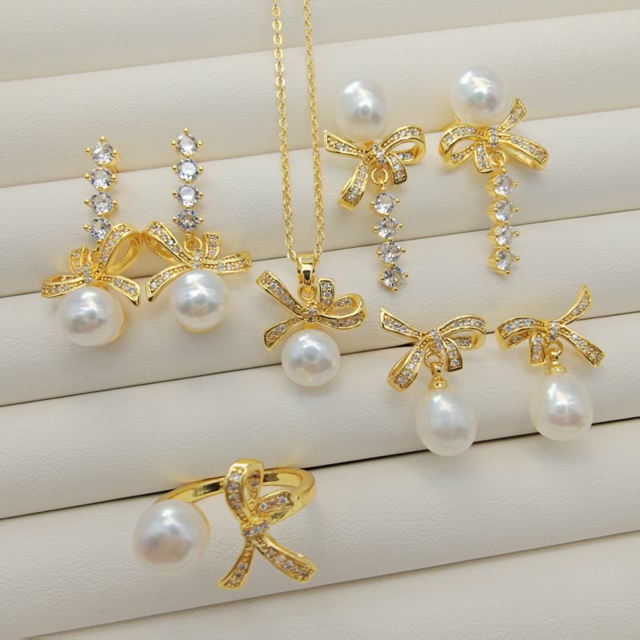 Set of French Asymmetrical Bow Natural Freshwater Real Pearl Earrings, Versatile Fairy Smart Earrings