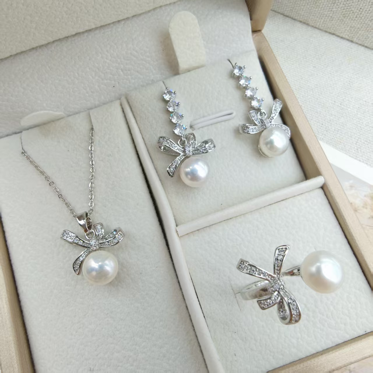 Set of French Asymmetrical Bow Natural Freshwater Real Pearl Earrings, Versatile Fairy Smart Earrings