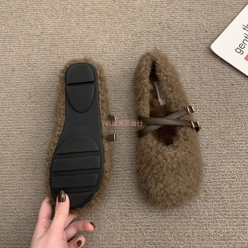 Mary Jane Fur Shoes for Women's Autumn and Winter Outer Wear 2025 New Versatile Pregnant Women's Soft-Soled Bean Shoes Fleece-Lined Cotton Scoop Shoes