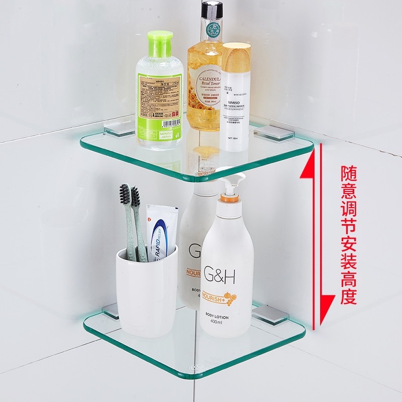 Single and Double-layer Glass Storage Rack Bathroom Wall Hanging Punch-free Toilet Mirror Tray Hotel Cosmetic Rack Partition