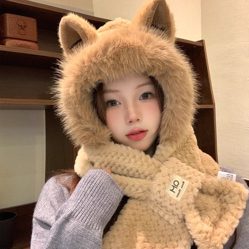 Plush Fox Ear Hat for Women, Winter Warm Neck Scarf, Cold-Proof Winter Ear Protection Scarf, All-In-One Hat Two-Piece Set