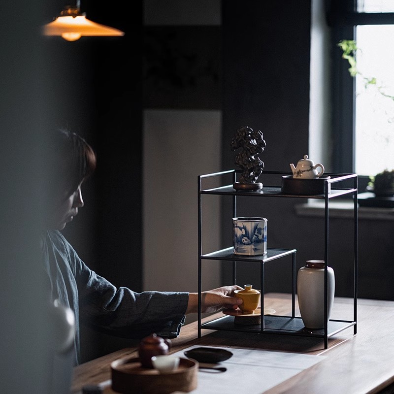 New Chinese Tea Set Storage Rack Display Rack Tea Shed Iron Rack Tea Set Cabinet Zen Tea Room Layout Storage Rack