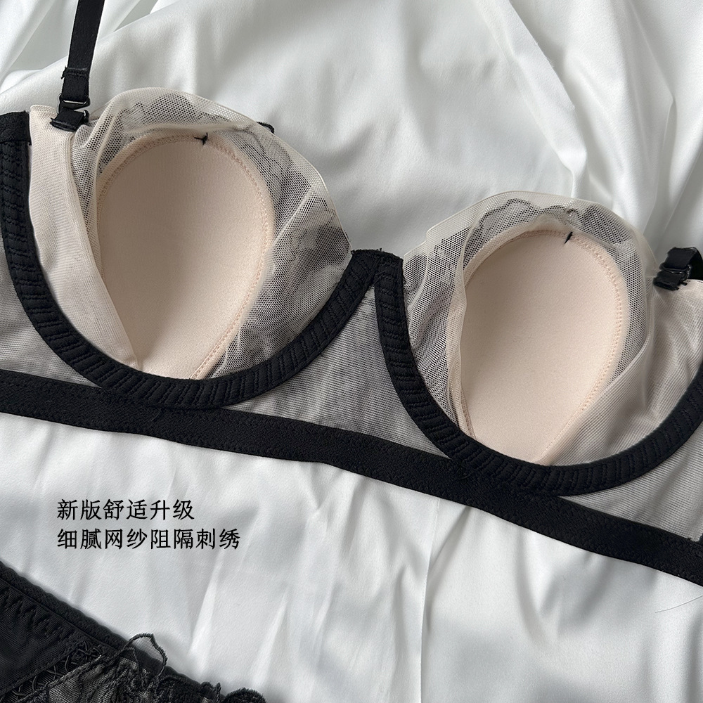 Rose Flower Bunny Ears Bra, Large Bust Minimizing Thin Bra, French Style Women's Lingerie, Sexy European and American Lace, Comfortable