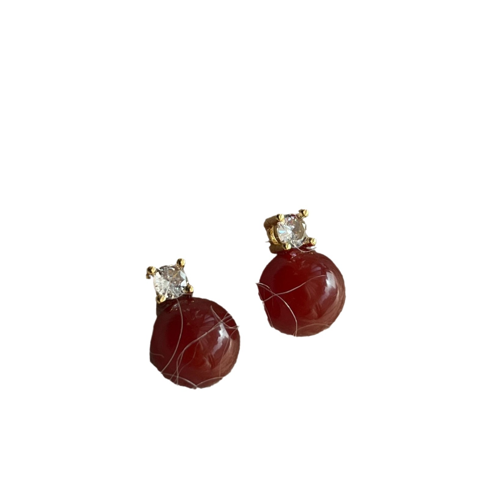 Yuanyou Red Agate Ear Clips Autumn and Winter New Year Red Natural Stone Earrings Round Chinese Palace Retro Earrings National Style