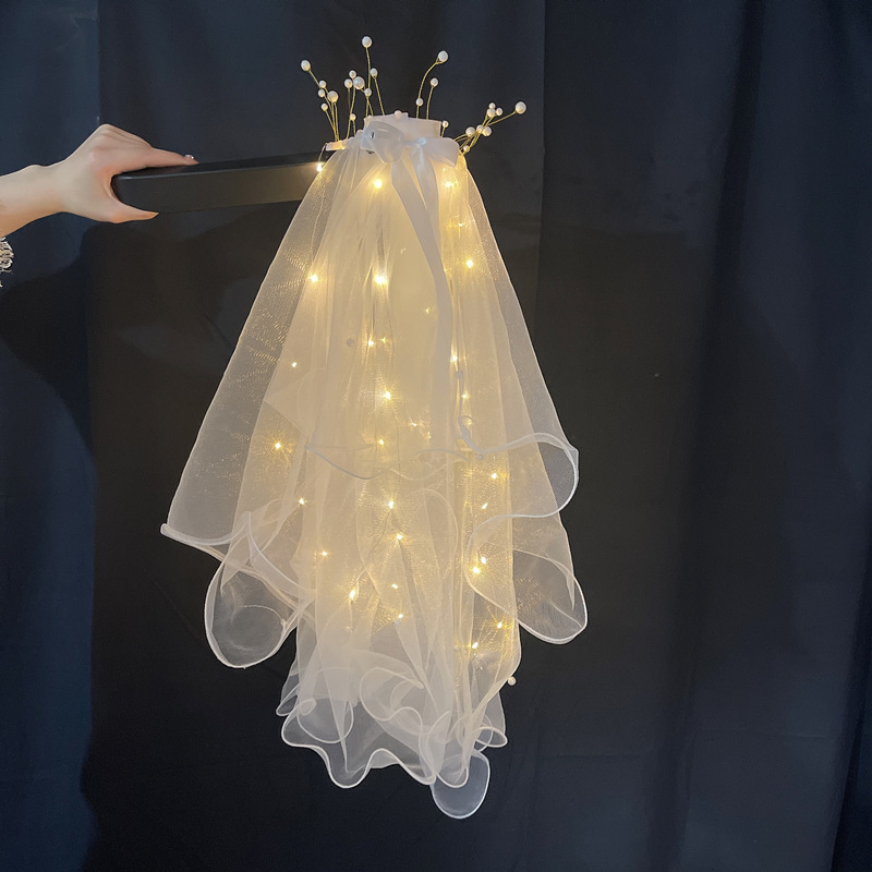 Glowing Veil Influencer Photo Prop with Lights for Photo Shoots, Fairy-Style Double-Layer Veil for Travel and Marriage Registration