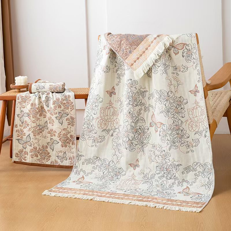 Foreign Trade Hemp Bath Towels Can Be Ordered with Logos, 4-Layer Gauze Jacquard Cotton Plus Hemp, Soft and Breathable Bath Towels