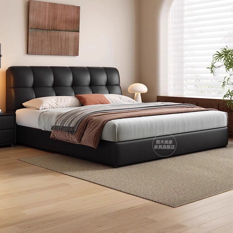 Modern Light Luxury Simple Genuine Leather Ins Black Cream Double Bed Master Bedroom 1.8m Small Apartment Storage Bed Wedding Bed