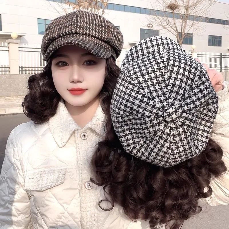Hat Wig Autumn and Winter New Style Mom Hair Short Curly Hair Houndstooth Octagonal Hat Fashionable Lazy Versatile Elegant Headgear