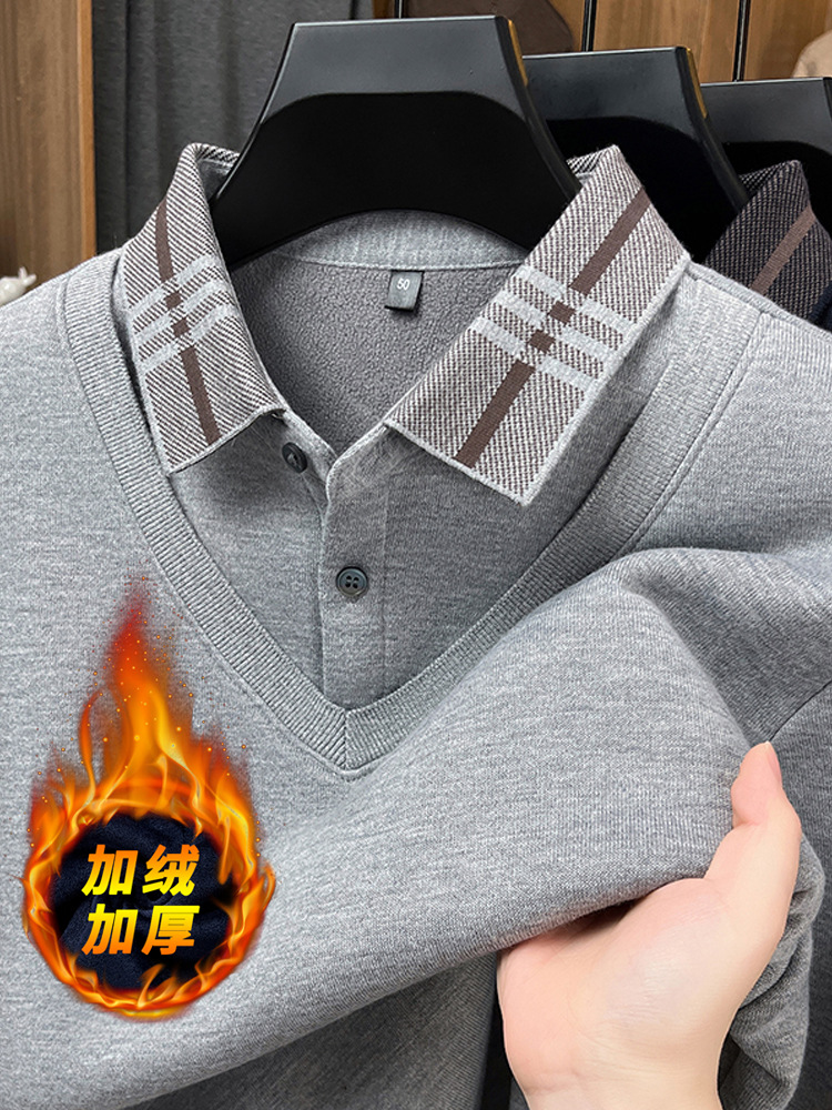 Dad's Winter Sweater with Fleece Lining, Thickened Two-In-One Design for Middle-Aged Men, Casual Shirt Collar, Warm Knitted Base Sweater