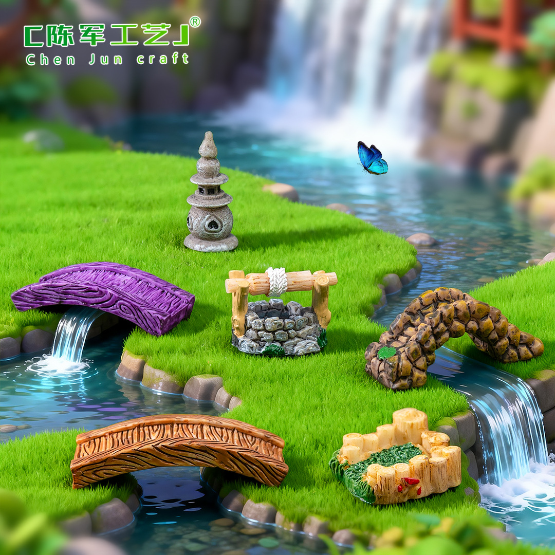 Мини-ландшафт, винтажные антикварные резные украшения, озеро Сиху, фонарь, мостик, течет вода, травяное поле