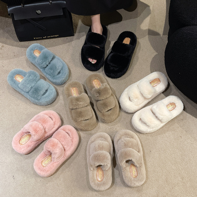 Cross-border foreign trade wholesale thick-soled 7cm plush slippers for women autumn and winter can be worn outside plus size warm home non-slip cotton slippers