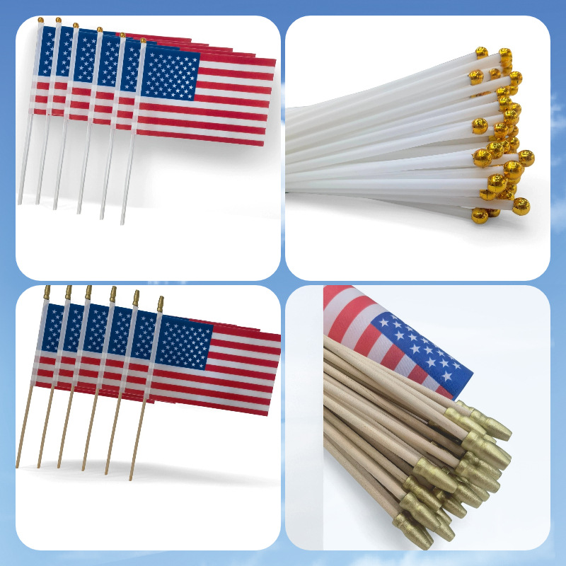 Готовые запасы полиэстеровая ткань американский флаг Дня независимости ручной флаг с деревянным пластиковым флагштоком американский ручной флаг