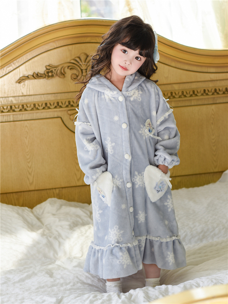Elsa Autumn and Winter Girls' Flannel Coral Fleece Loungewear Pajama Set Robe Elsa Dress Princess Cute Style