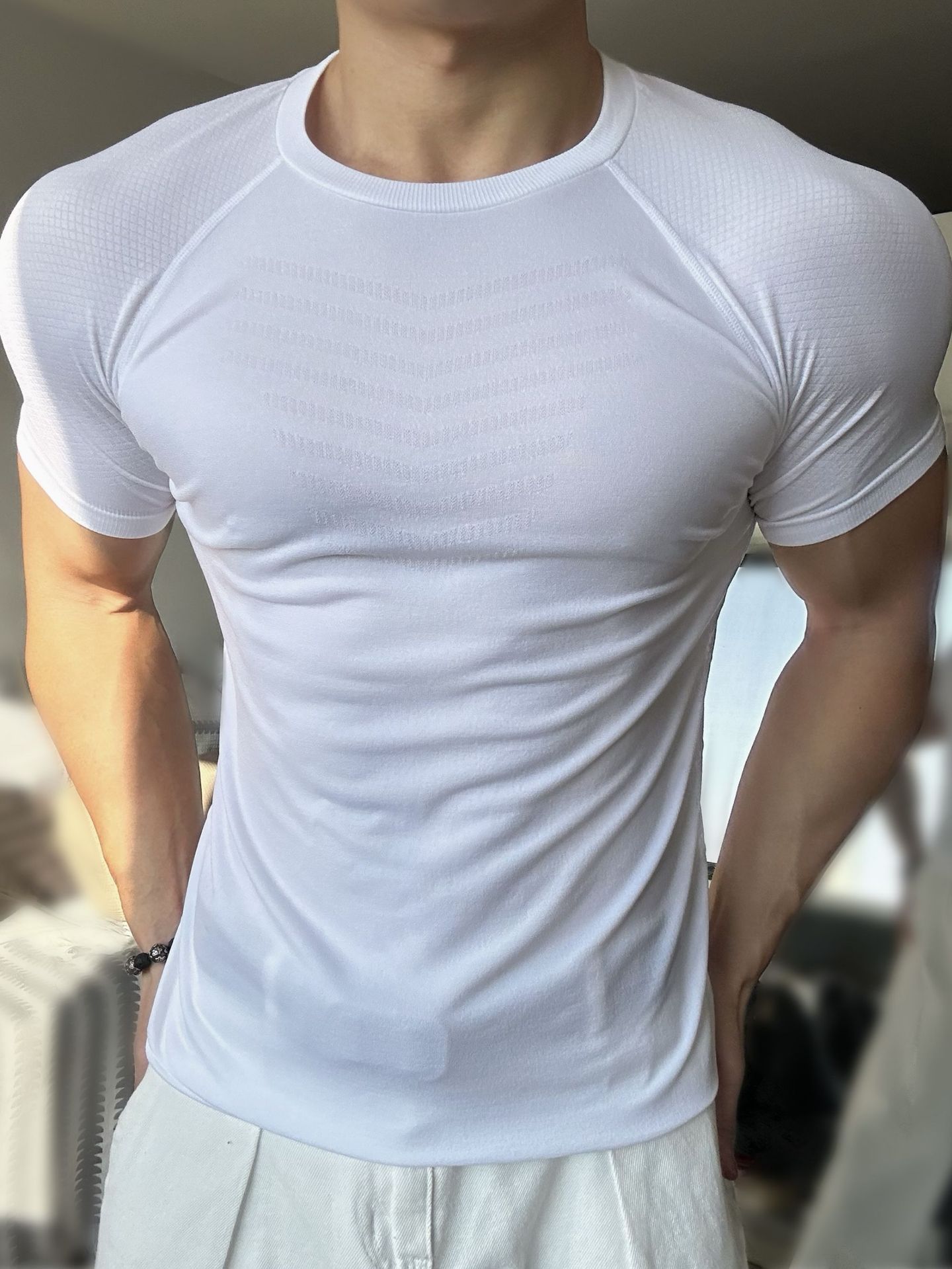 American Seamless Jacquard Sports Cuffed Shark Pattern Short-Sleeved Quick-Drying Training Fitness Elastic Slim Top T-Shirt for Men