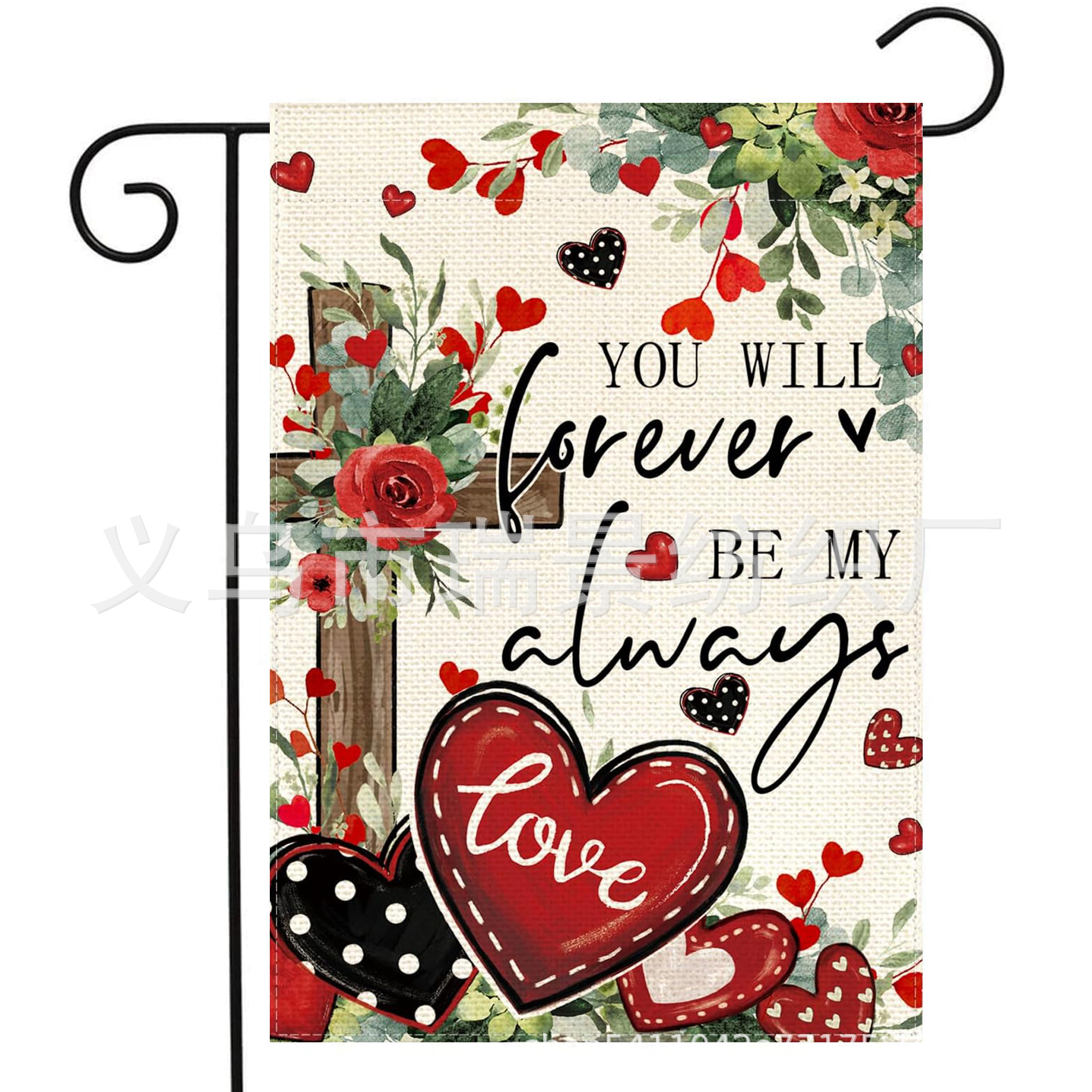 Cross-Border Hot Valentine's Day Garden Flag Red Heart Rose Outdoor Decoration Linen Double-Sided Garden Flag