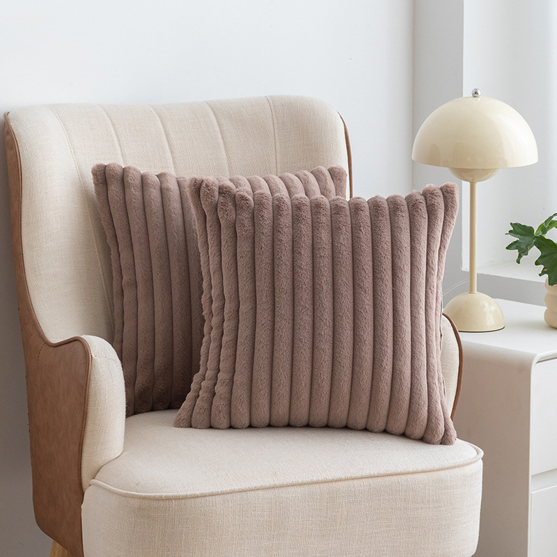 Amazon Ins Scandinavian Accessible Luxury Imitation Rabbit Fur Striped Pillow Living Room Sofa Pure Color Plush Cushion Cross-Border Pillow