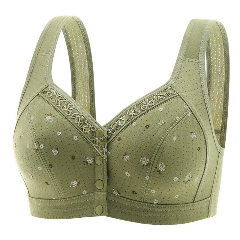 Spring and Summer Large Size Middle-aged Underwear Pure Cotton Non-rimmed Bra Front Buckle Lace Edge Printed Vest Bra