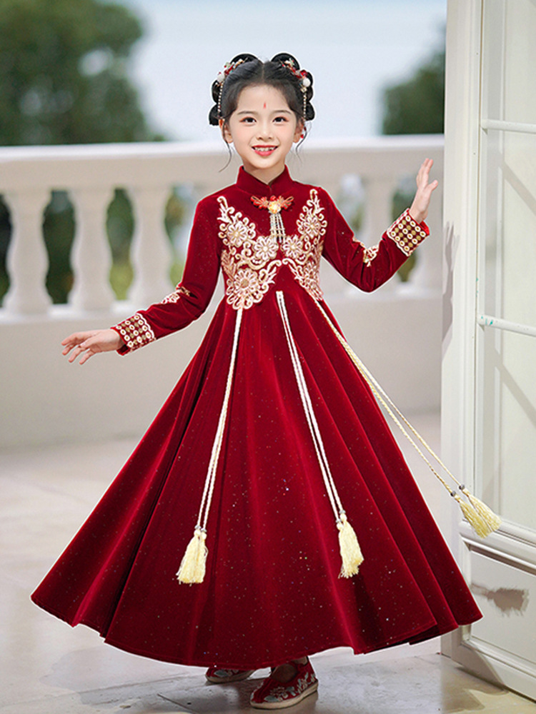 Little Girl's Ancient Style New Year's Greetings Dress, Girl's Winter Sequin Embroidered Dress, Kidsren's Chinese Style Tang Suit Han