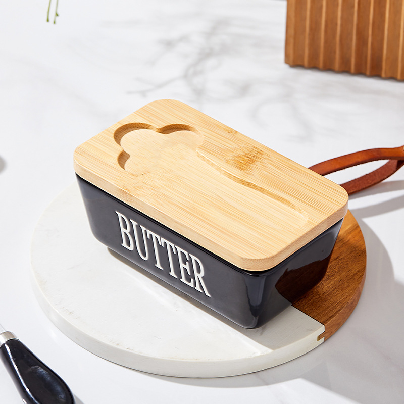 Creative Black Ceramic Butter Box with Knife Home Kitchen Sealed Storage Box Butter Packaging Storage Box Wholesale