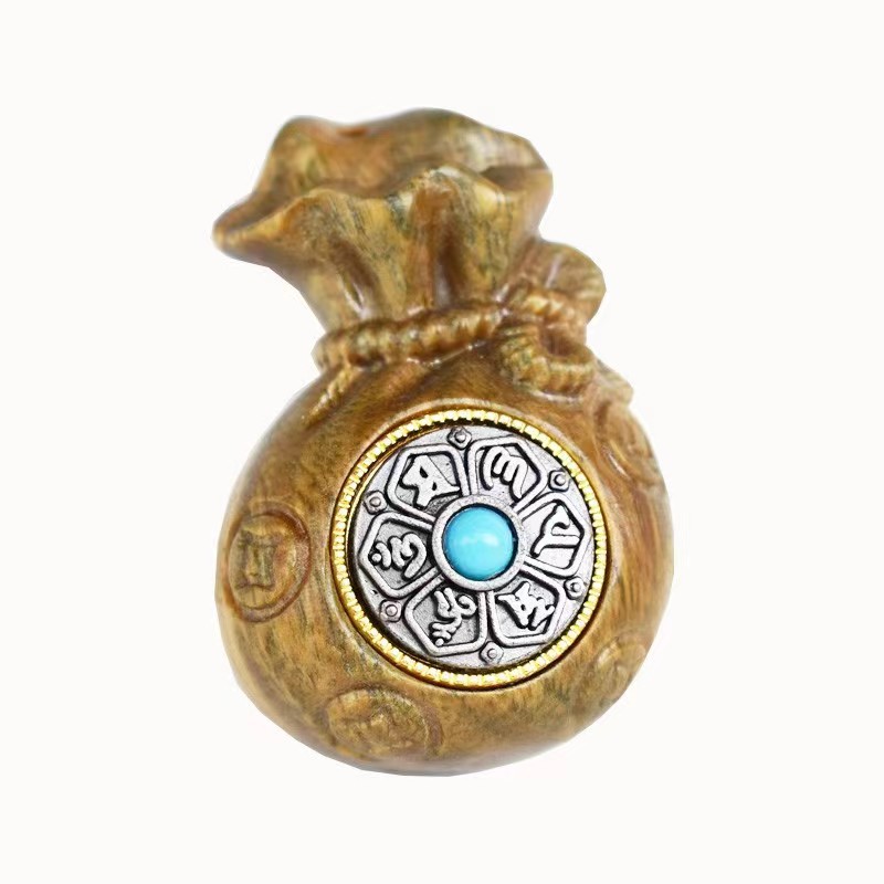 Money Bag Lotus Rosewood Green Sandalwood diy Accessories Jewelry Pendant Keychain Car Hanging Inlaid with Six Characters Can Rotate