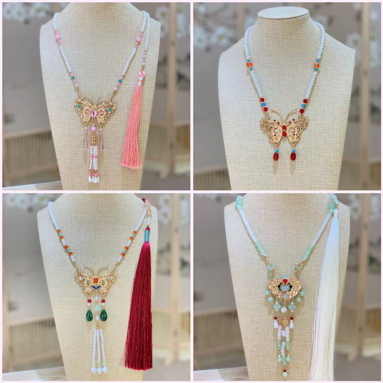 Новое китайское стильное розовое бабочковое венчание Антикварное кистевое ожерелье Винтажная жемчужная подвеска Лошадь Лицо Юбка Аксессуары Ханьфу