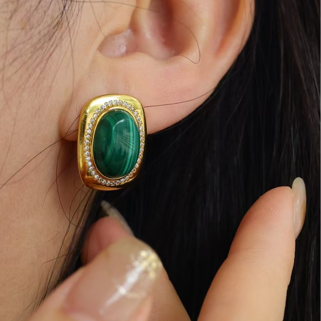 Natural Malachite S925 Silver Medieval Vintage European and American Retro Gold Earrings French Elegant and Simple Design