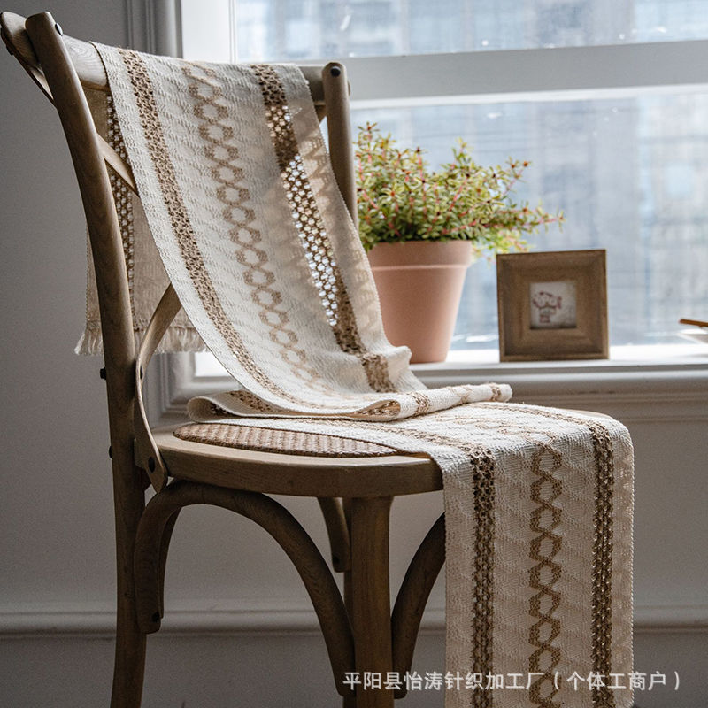 American Retro Cotton and Linen Dining Table Cross-Border Woven Coffee Table Table Flag Tablecloth Tassel Simple Striped Decoration Light Luxury Scandinavian