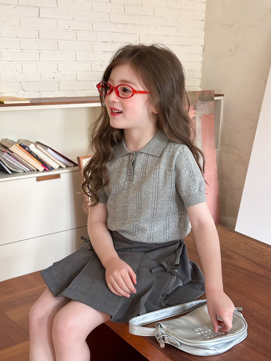 Aimo Beibei Girls Summer Pure Color Knitted Cable T-Shirt Kidsren's Casual Korean Style Polo Lapel Short-Sleeved Top