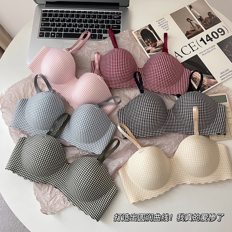 Cross-border wholesale classic plaid girls raw bra gathered palm cup underwear bra no steel ring no trace one piece