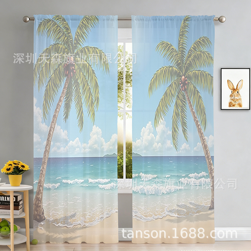 Cross-Border Temu Landscape Semi-Transparent Window Screens, Curtains, Customized Digital Balcony Living Room Bedroom Semi-Shading Hanging