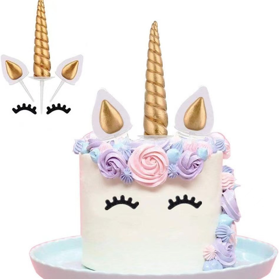 Украшение для торта единорога, стерео мягкая глина, набор рога, ушей и глаз, украшение для выпечки, оформление десертного стола