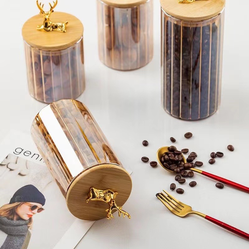Storage Jar Cross-Border Small Deer Tea Jar High Borosilicate Amber Candy Jar Bamboo Lid Sealed Jar Snack Coffee Jar