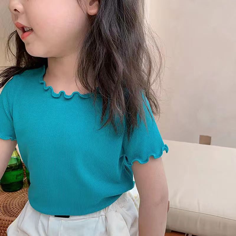 Ice Silk Short-Sleeve T-Shirt Korean Style for Girls, Summer Versatile Striped Ruffle Edge Top for Toddlers and Young Children, Casual and Versatile