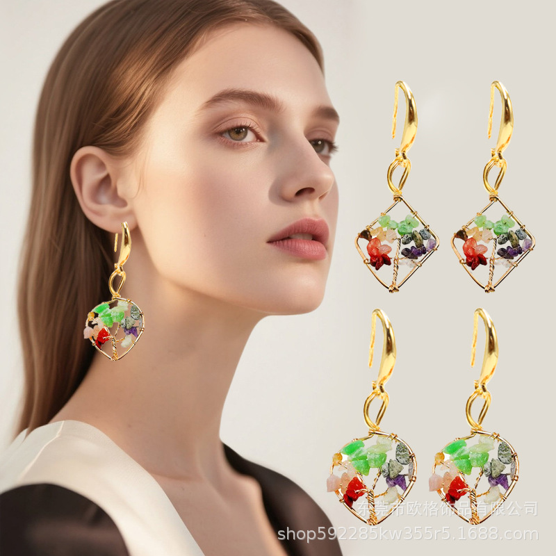 Tree of Life Natural Stone Crystal Pure Copper Hook Earrings Handmade Copper Wire Wrapped Multicolored Raw Stone Earrings Jewelry